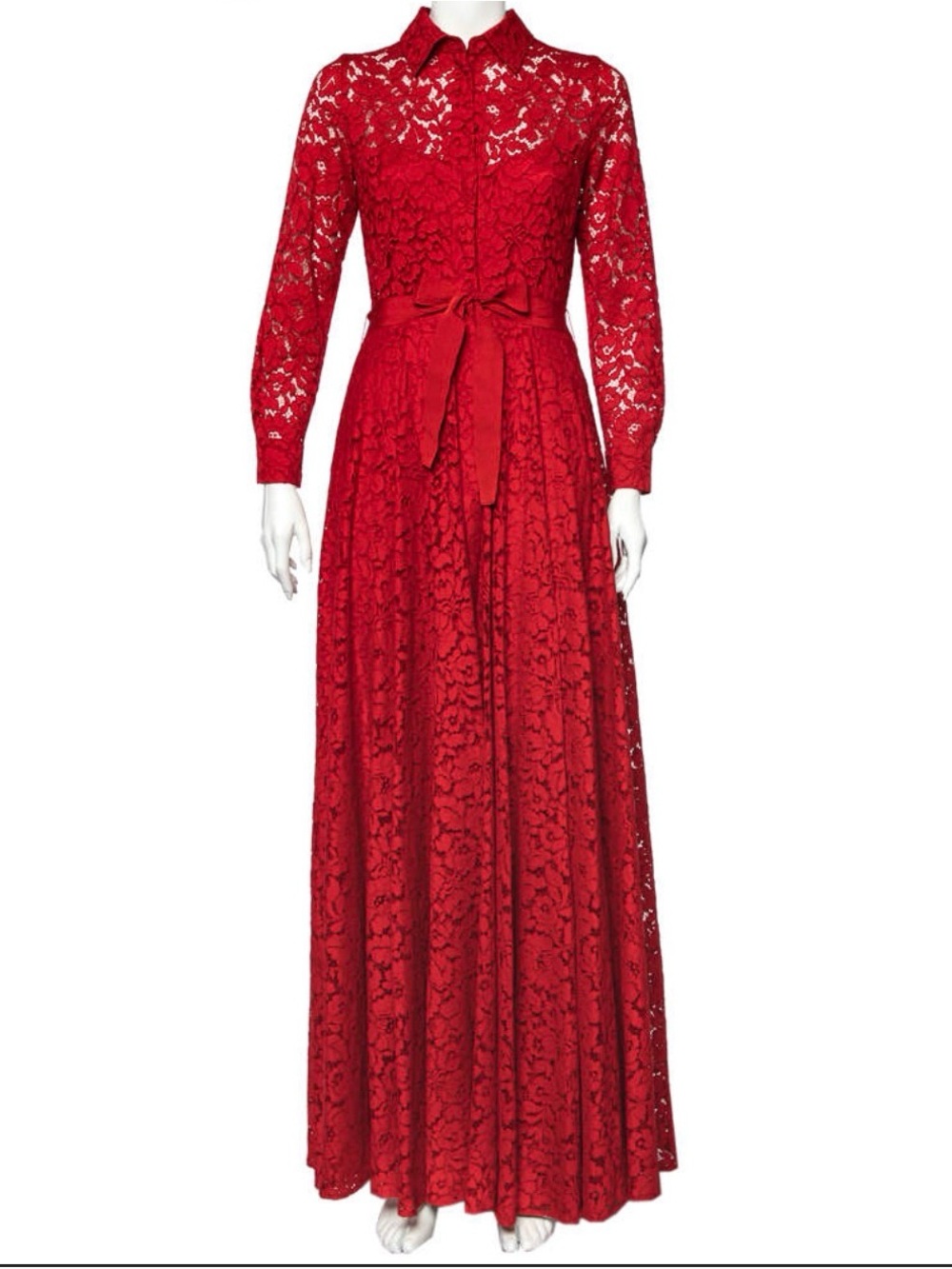 CH Carolina Herrera Red Lace Long-Sleeve Maxi Dress with Tie Waist